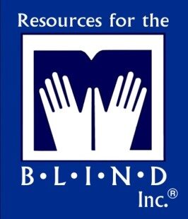 Blue Resources for the B L I N D Inc. R with two hands together on top of M background and white outer background logo